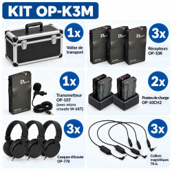 Kit OP-K3M avec 3 récepteurs OP-10R, 3 casques, 3 colliers BIM, 1 micro